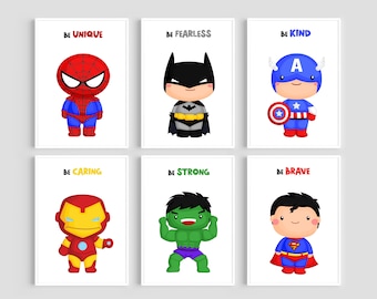 Set Of 6 Superhero Prints, Superhero Nursery Prints, Boys Wall Art, Heroes Decor, Superhero Wall Art, Kids Decor, Boys Bedroom