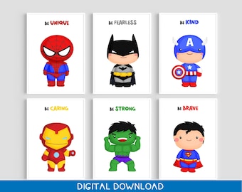 Superhero Nursery Prints, Set of 6, Kids Room Decor (Digital Download)