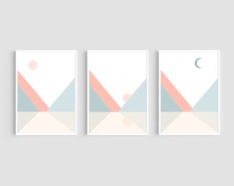 Impressões de montanha, conjunto de 3 impressões de paisagem, arte de parede de paisagem, decoração de casa, impressões de arte abstrata, impressões de pôr do sol, arte de montanha, impressões de lua