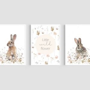 Wildflower Bunny Prints, Set of 3 Nursery Prints, Rabbit Print, Little Wild Flower Print, Watercolour Flowers, Bunny Wall Art, Nursery Decor