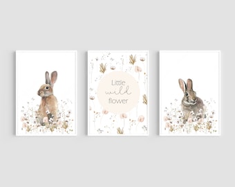 Wildflower Bunny Prints, Set of 3 Nursery Prints, Rabbit Print, Little Wild Flower Print, Watercolour Flowers, Bunny Wall Art, Nursery Decor