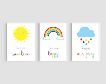 You Are My Sunshine Wall Art, Rainbow Nursery Prints, Set of 3 Prints ...