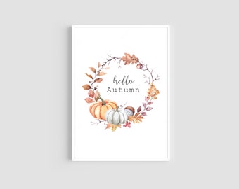 Hallo Herbst Print, Herbst Wandkunst, Kürbis Druck, Herbst Drucke, Kürbis Kunst, Saisonale Drucke, Halloween Drucke, Aquarell Kürbisse