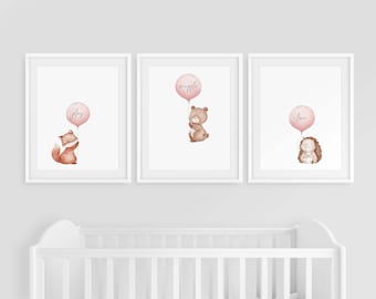 Set of 3 Nursery Prints, Woodland Animal Prints, Balloon Prints, Nursery Wall Art, Animal Nursery Decor, Kids Wall Art, Quote Prints