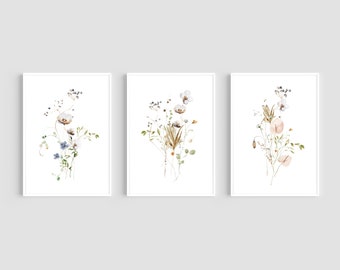 Set of 3 Wildflower Prints, Floral Wall Art, Wildflowers, Home Decor, Wildflower Wall Art, Living Room Decor, Art Prints, Boho Prints