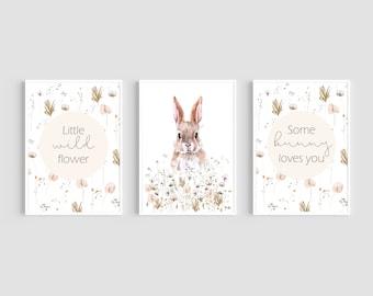 Wildflower Bunny Prints, Set of 3 Nursery Prints, Rabbit Print, Little Wild Flower Print, Watercolour Flowers, Bunny Wall Art, Nursery Decor