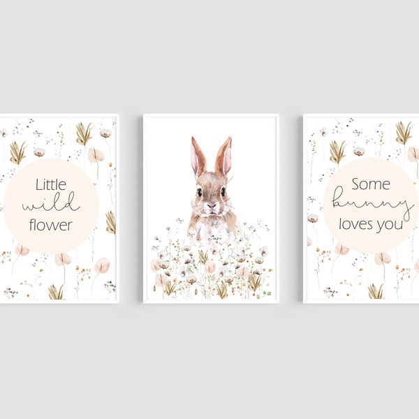 Wildflower Bunny Prints, Set of 3 Nursery Prints, Rabbit Print, Little Wild Flower Print, Watercolour Flowers, Bunny Wall Art, Nursery Decor