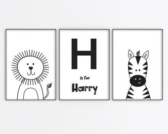 Set of 3 Safari Animal Prints, Personalised Prints, Black & White Animal Wall Art, Safari Animals, Nursery Decor, Nursery Wall Art
