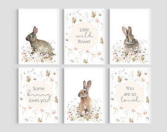 Wildflower Bunny Prints, Set of 6 Nursery Prints, Rabbit Print, Little Wild Flower Print, Watercolour Flowers, Bunny Wall Art, Nursery Decor