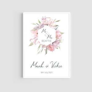 Personalised Couple Print, Mr & Mrs Prints, Floral Wall Art, Wedding Prints, Name Prints, Home Decor, Couple Gift, Wedding Gift, Home Gift