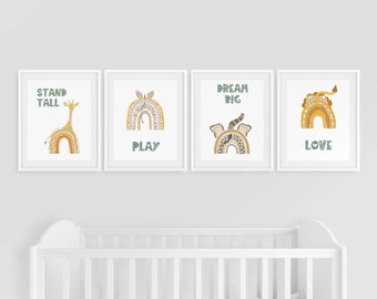 Impresiones de arco iris de Safari, conjunto de 4 impresiones de arco iris de animales, arte de pared de arco iris, decoración de vivero de Safari, arte de pared de animales de Safari, impresiones de arco iris