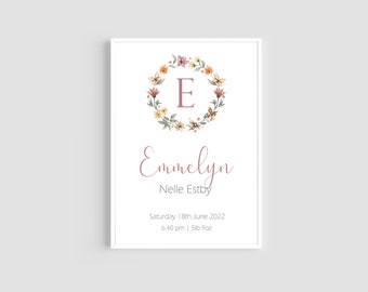 Personalised Name Print, Birth Announcement, Initial Prints, Birth Prints, Nursery Decor, Wildflower Prints, Baby Gift, Girls Bedroom