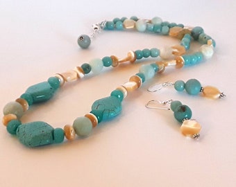 Turquoise magnesite necklace. Amazonite jewelry. Mother of pearl necklace. Mix gemstone jewelry. Gemstone jewelry set. Sterling jewelry.
