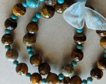 Jasper Tiger Eye Bracelet Set with Sterling Silver Hook Earrings