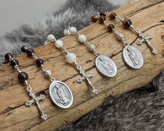 Gemstone Pocket Rosary. Garnet, Mother of Pearl and Tiger Eye One