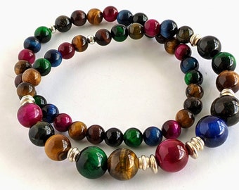 Multi-Colored Tiger Eye Stretch Bracelet with Sterling Silver