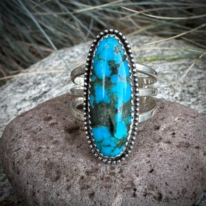 High Blue Turquoise and solid .925 sterling silver ring. Triple band. Handmade and unique.