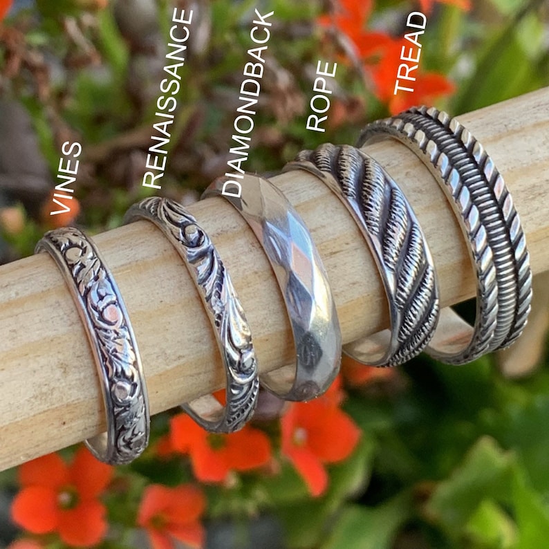 High quality real .925 sterling silver stacking rings showing different styles available. Stacking ring set, stackers, stackable, cute, dainty. Patterns include Vines, Renaissance, Diamondback, Rope, and Tread