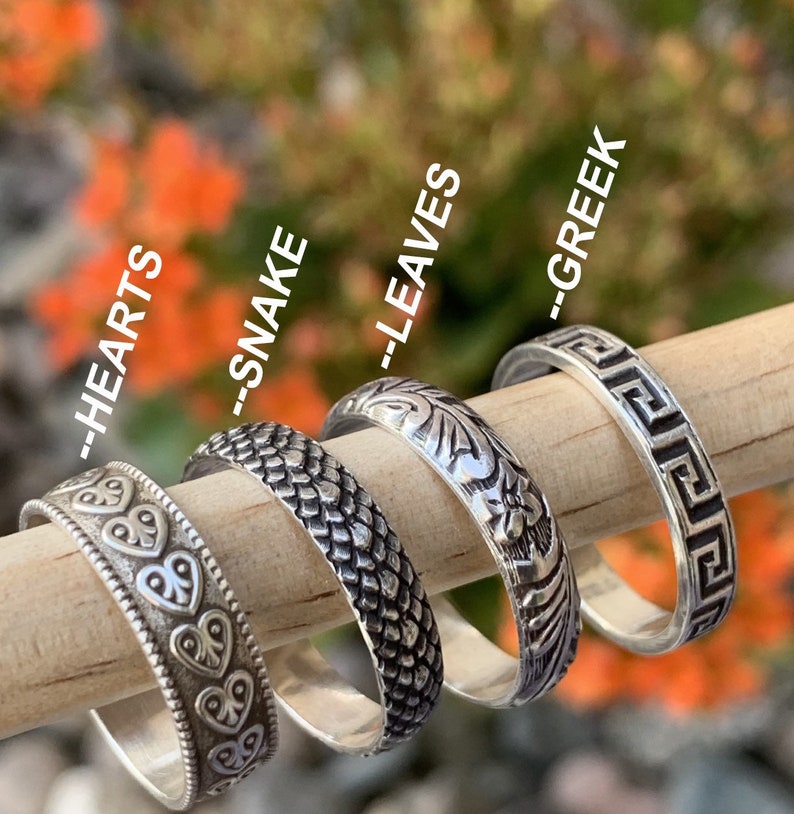 High quality real .925 sterling silver stacking rings showing different styles available. Stacking ring set, stackers, stackable, cute, dainty. Greek key, hearts, snake, leaves.