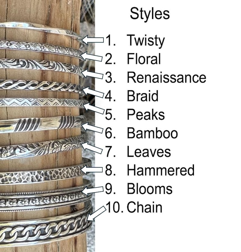 May include: Ten different styles of silver bangle bracelets, each with a unique textured design. The styles are labeled: Twisty, Floral, Renaissance, Braid, Peaks, Bamboo, Leaves, Hammered, Blooms, and Chain.