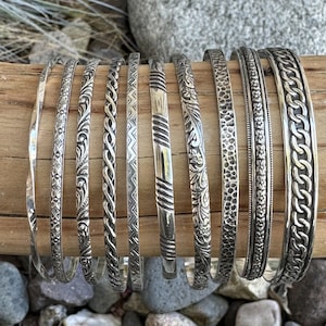 Braccialetti rigidi in argento sterling fatti a mano, diverse misure, 10 stili, argento massiccio