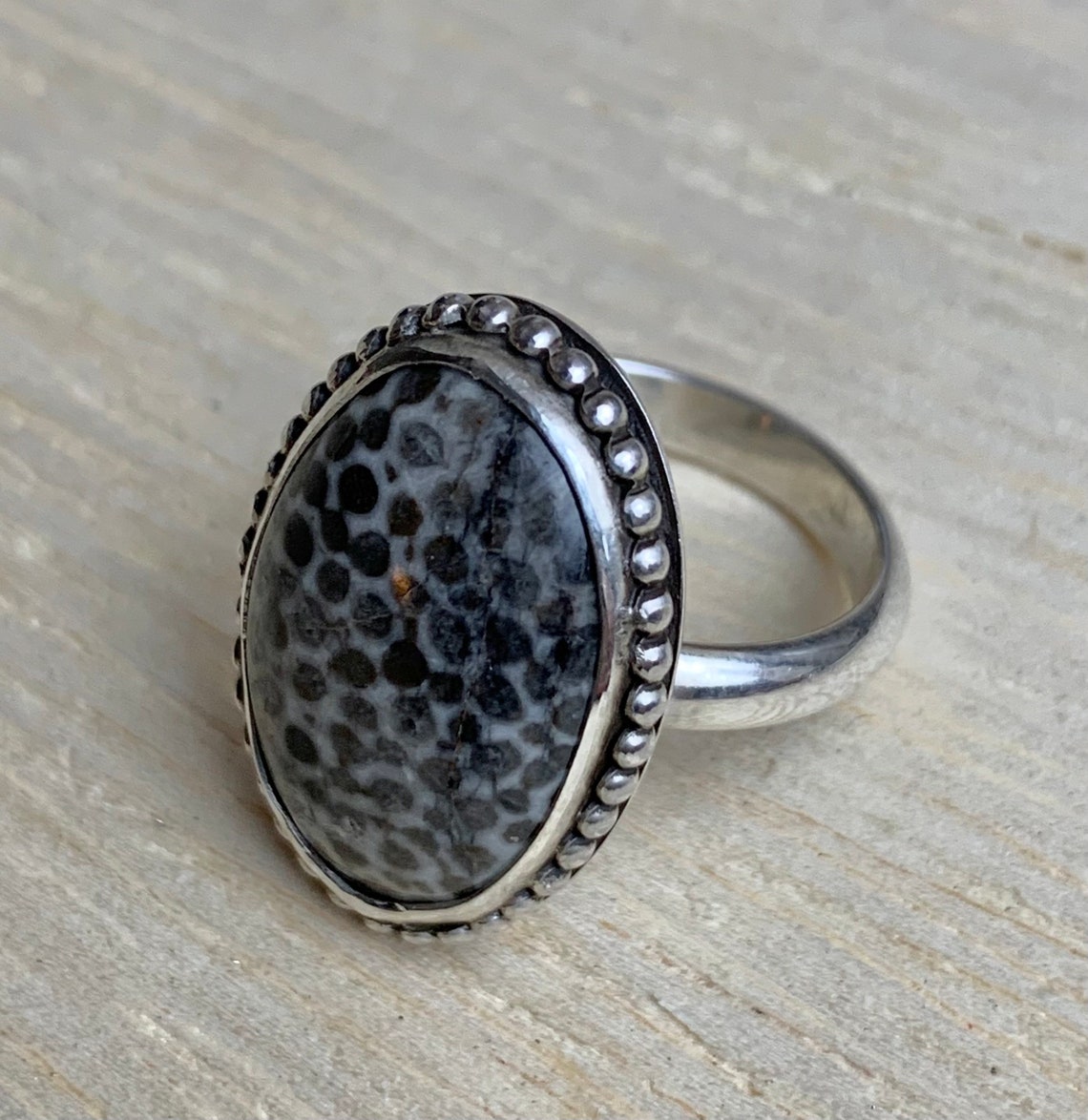 Fossilized black coral solid sterling ring Etsy