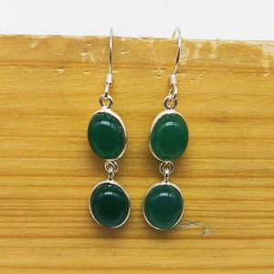 Handmade Green Onyx Sterling Silver Earrings: Boho Oval Jewelry