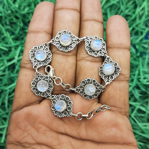 Designer Rainbow Moonstone Bracelet 925 Sterling Silver boho