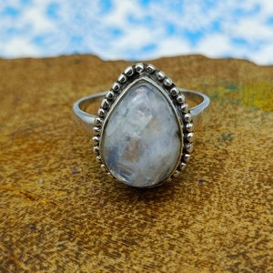 Handmade Pear Rainbow Moonstone Ring: 925 Sterling Silver Boho Jewelry