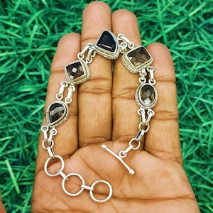Pulsera de plata de ley 925 de cuarzo ahumado-Pulsera gruesa Boho hecha a mano-Venta caliente-Envío gratuito-Regalo del día de San Valentín-Artículo de regalo de Navidad