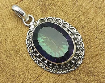 Mystic Topaz Pendant-925 Sterling Silver Pendant Necklace-Handmade Silver Pendant-Oval Pendant-Bezel Pendant-Easter Festive Gift For Her