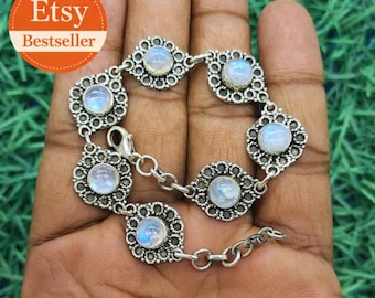 Bransoletka z kamieniem księżycowym ze srebra próby 925 – ręcznie robiona bransoletka boho – biżuteria w stylu vintage – prezent dla niej