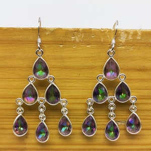 Natural Mystic Topaz Earring , 925 Sterling Silver Earring , Handmade Earring , Dangle Earring , Pear Mystic Topaz Earring , Women Earring