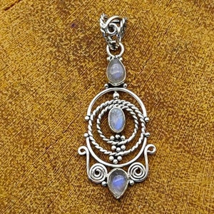 Handmade Moonstone Pendant: 925 Sterling Silver Boho Jali Work
