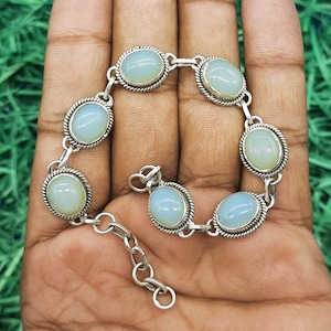Chalcedony Gemstone Bracelet-Sterling Silver-Oval Shape Gemstone Jewelry-Handmade Bracelet for Women-Gemstone Bracelet-Valentine&#39;s Day Gift