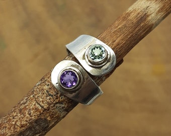 Anillo de amatista verde y morada hecho a mano: ajustable en plata de ley