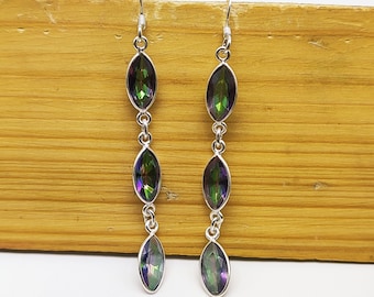 Natural Mystic Topaz Earring, Gemstone Earring, 925 Sterling Silver, Marquise Shape Cabochon Long Earring, Handmade Jewelry, Gift For Her