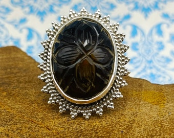 Handmade Smokey Quartz Ring: Sterling Silver Boho Carved Gemstone