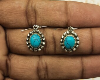 Boucles D'oreilles Percées Argent Avec Cabochon Turquoise Bleu - Bijou 2925 - Très Bon état