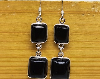 Black Onyx 925 Sterling Silver Dangle Earrings: Antique Style