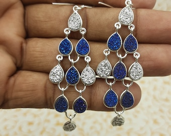 925 Sterling Silver Chandelier Earring-Designer Earring With Titanium Coated Blue And Silver Druzy-Gift For Her-Artisan Design Jaipur Silver