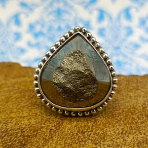Exquisite Handcrafted Sterling Silver Ring with High-Quality Drop-Shaped Pyrite Gemstone - Unique Artisan Jewelry Boho Chic Gemstone Jewelry