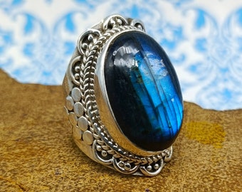 Handgefertigter Labradorit Sterlingsilber Ring: Boho Band