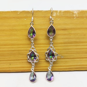 Natural Mystic Topaz Gemstone Earring, 925 Sterling Silver, Handmade Boho Earring Jewelry, Drop Shape Earring, Wedding Gift Earring, Gift
