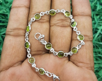 Green Peridot Bracelet-Sterling Silver Bracelet-Round Gemstone Bracelet-Handmade Bracelet-Boho Jewelry-Dangle Bracelet-Easter Gift For Her