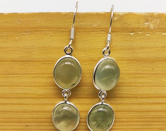 Natural Prehnite Gemstone Silver Earrings, 925 Sterling Silver Oval Shape Stone Earring, Designer Handmade Earring, Anniversary Gift Jewelry