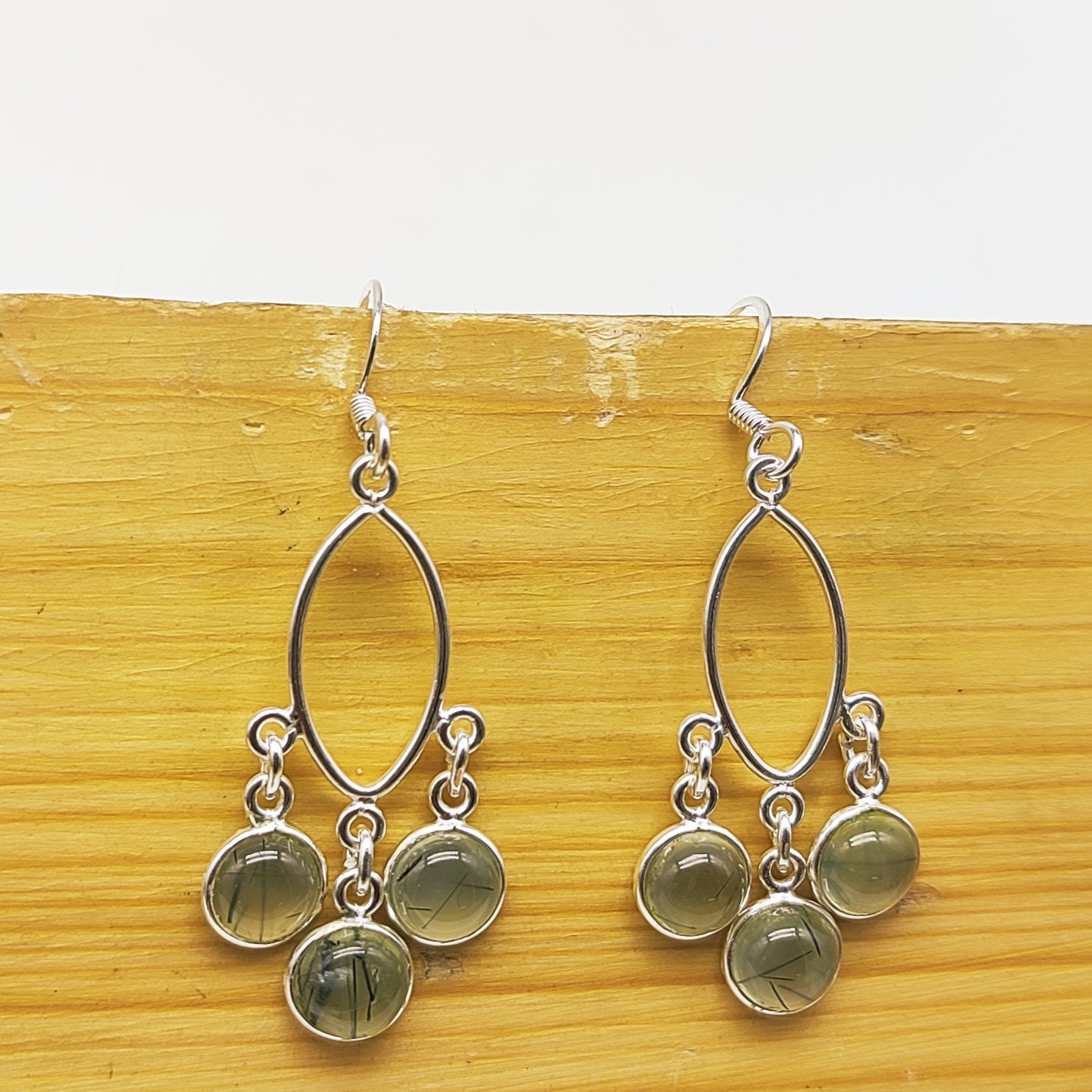 Prehnite Gemstone Earrings: Handmade 925 Sterling Silver Cabochons