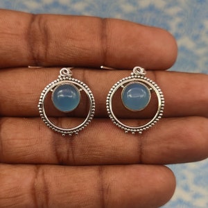 Aqua Chalcedony Round Earring,925 Sterling Silver Earrings,Sagittarius Birthstone,Handmade Women Earrings,Chalcedony Jewelry,Gift For Her