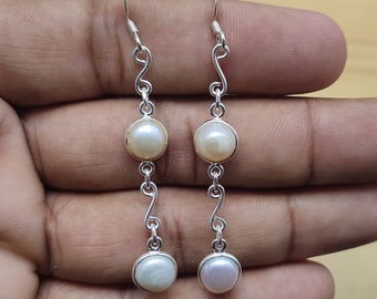 Pearl Earrings, 925 Sterling Silver Earring, Handmade Boho Earring Jewelry, Round Shape Pearl, Anniversary Gift For Women, Gift For Her
