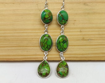 Turquesa de cobre verde, pendiente de piedra preciosa, plata de ley 925, pendiente ovalado y en forma de pera, pendiente de diseñador largo de cabujón, regalo para ella